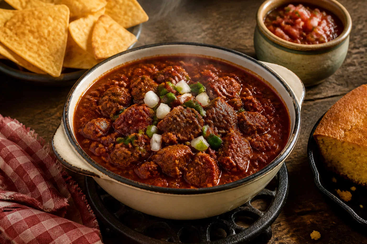 A bowl of South Texas chili served with warm chips, salsa, and skillet cornbread