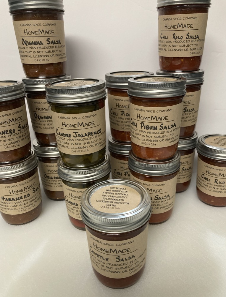 Hand-jarred Chihaba salsas with handwritten HomeMade labels