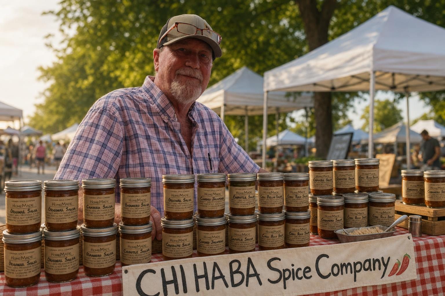 Keith selling homemade Chihaba salsa at his farmers market table