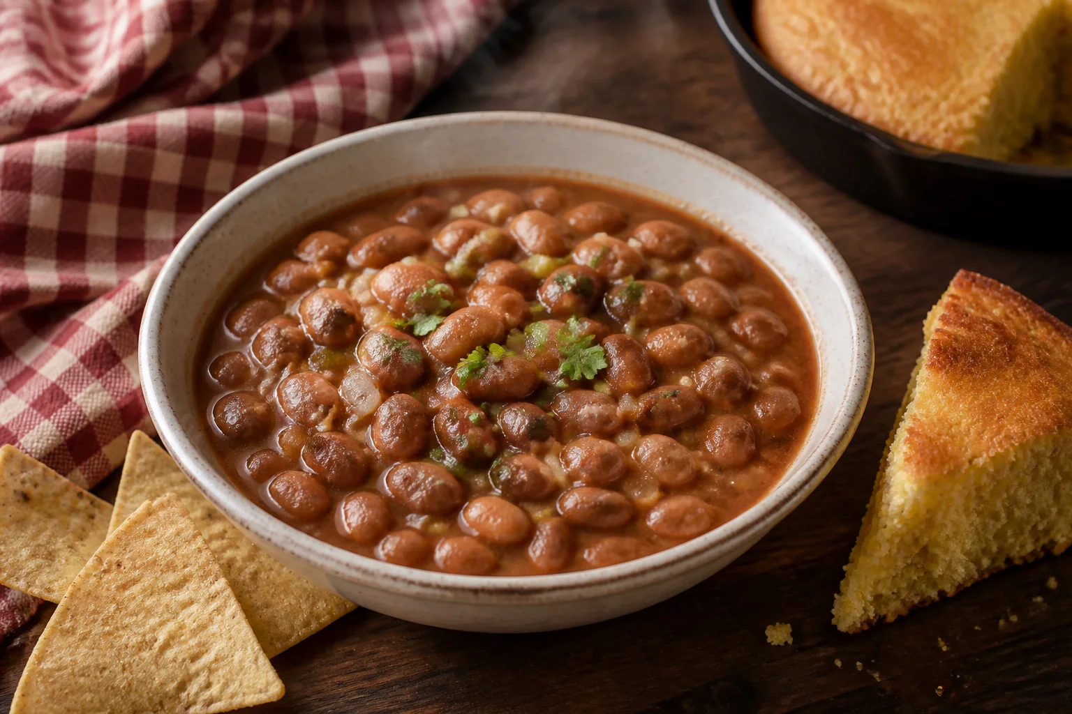 A bowl of South Texas pinto beans with warm chips and skillet cornbread