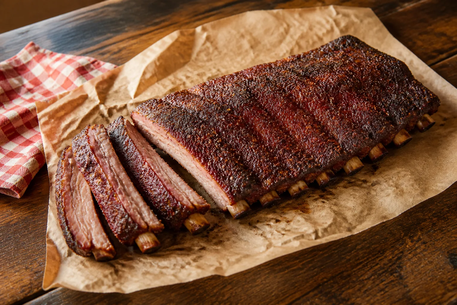 Dry-rubbed pork ribs with a caramelized crust on butcher paper